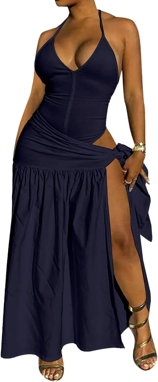 2 Piece Outfits for Women Sexy Maxi Skirt Set Summer Halter Backless Tops Wrap Skirt Beach Vacation Outfits