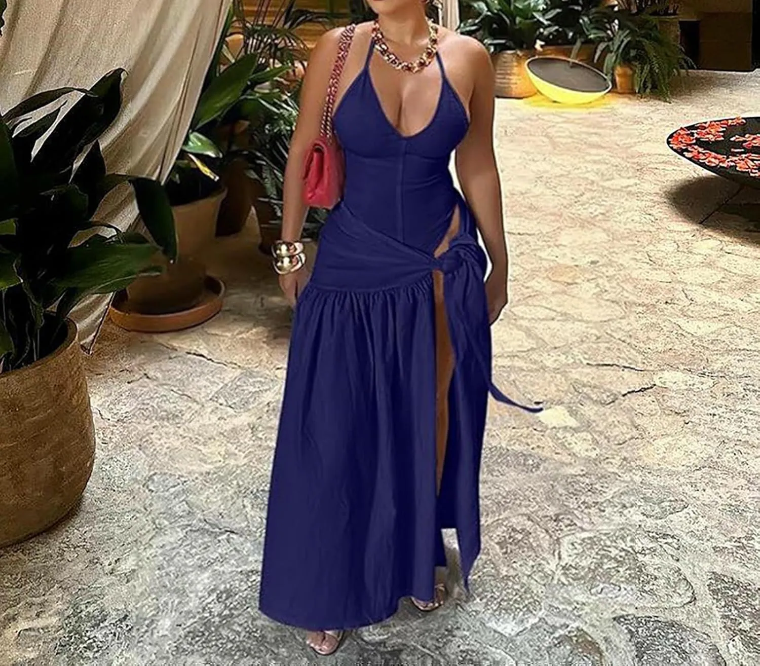 2 Piece Outfits for Women Sexy Maxi Skirt Set Summer Halter Backless Tops Wrap Skirt Beach Vacation Outfits