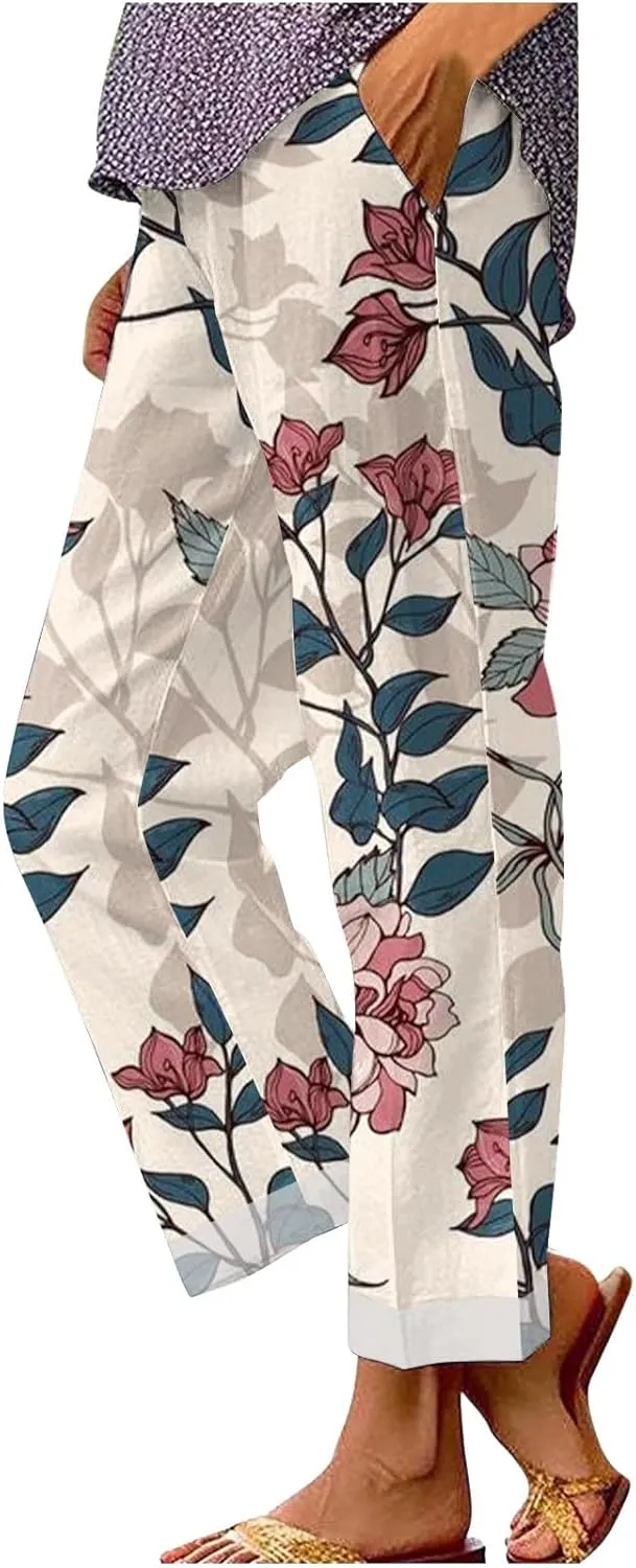 2025 Cotton Linen Pants Women Summer Elastic Waist Crop Pant Plus Size Straight Leg Slack Casual Trouser with Pocket