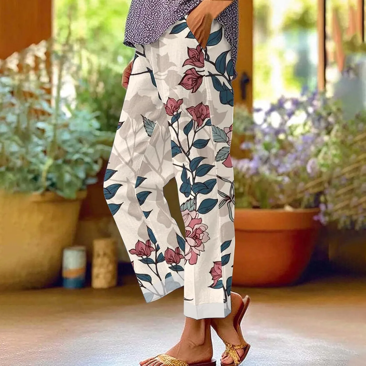 2025 Cotton Linen Pants Women Summer Elastic Waist Crop Pant Plus Size Straight Leg Slack Casual Trouser with Pocket