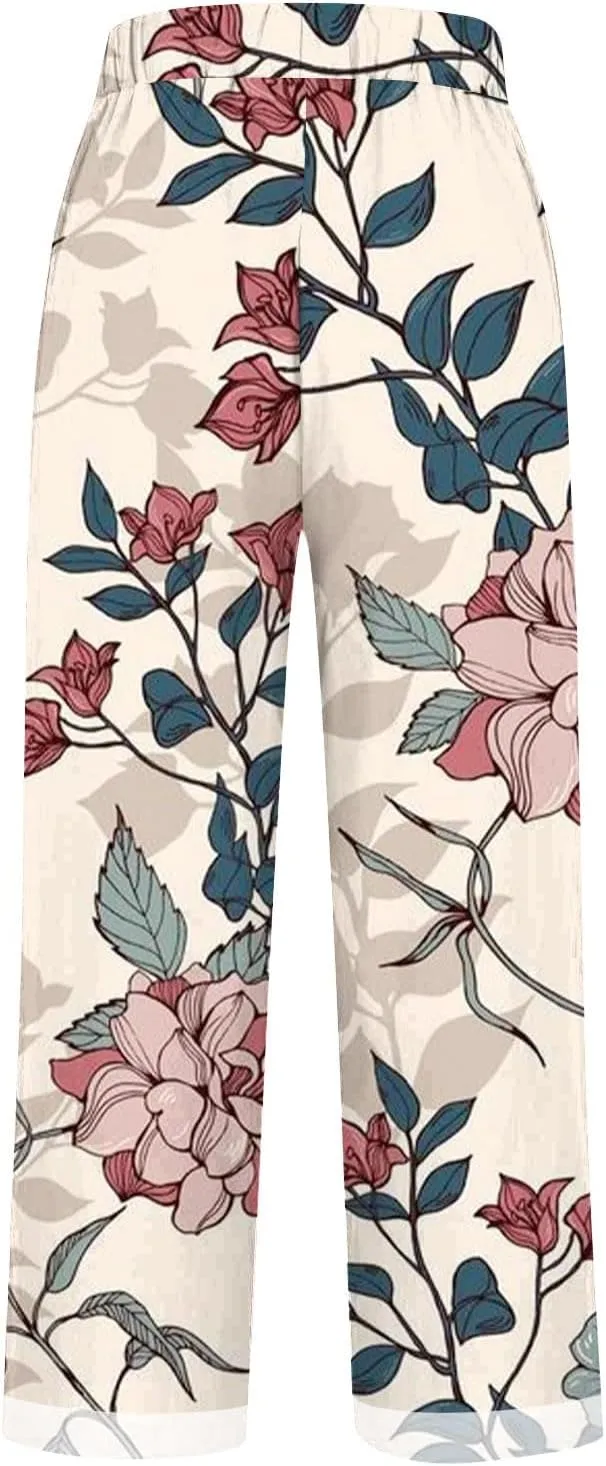 2025 Cotton Linen Pants Women Summer Elastic Waist Crop Pant Plus Size Straight Leg Slack Casual Trouser with Pocket