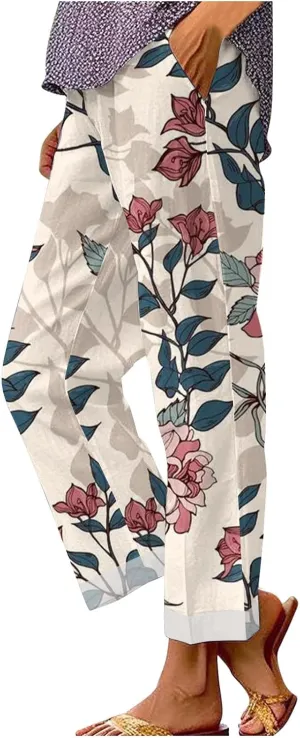 2025 Cotton Linen Pants Women Summer Elastic Waist Crop Pant Plus Size Straight Leg Slack Casual Trouser with Pocket