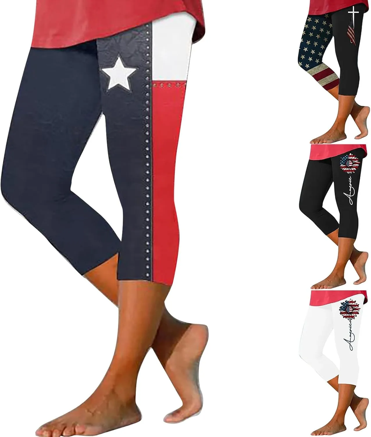 4th of July Capri Leggings for Women Plus Size Summer High Waist American Flag Yoga Pants Patriotic Cropped Trousers