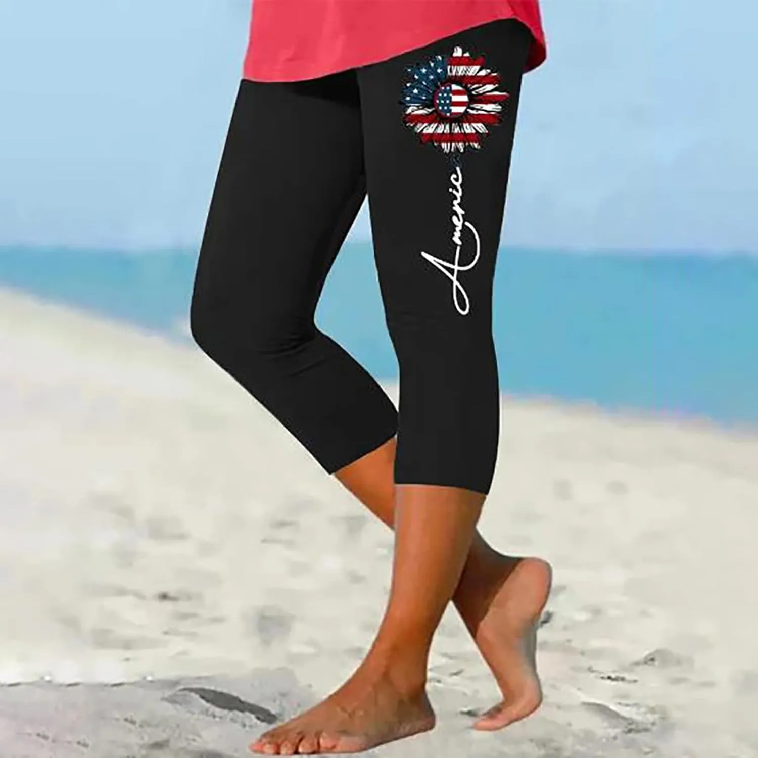 4th of July Capri Leggings for Women Plus Size Summer High Waist American Flag Yoga Pants Patriotic Cropped Trousers