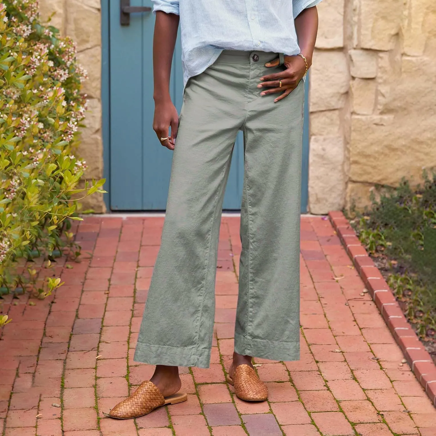 ADHOWBEW Plus Size Linen Pants for Women 2025 Flowy Casual Work Elastic Waist Dressy Plus Size Lounge Slacks