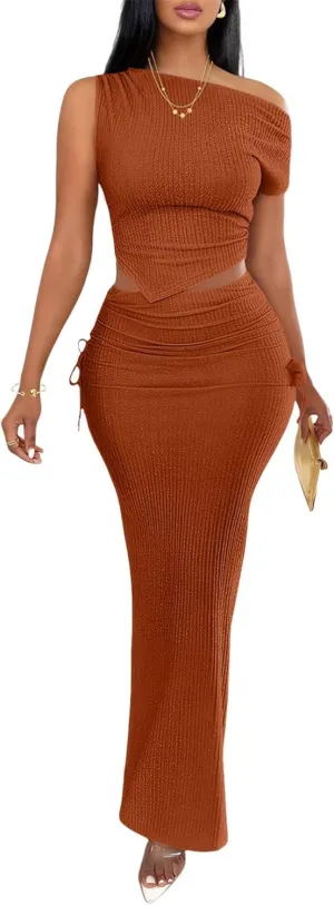 Adogirl 2 Piece Skirt Sets for Women Summer One Shoulder Asymmetrical Crop Top Drawstring Side Bodycon Going Out Dress
