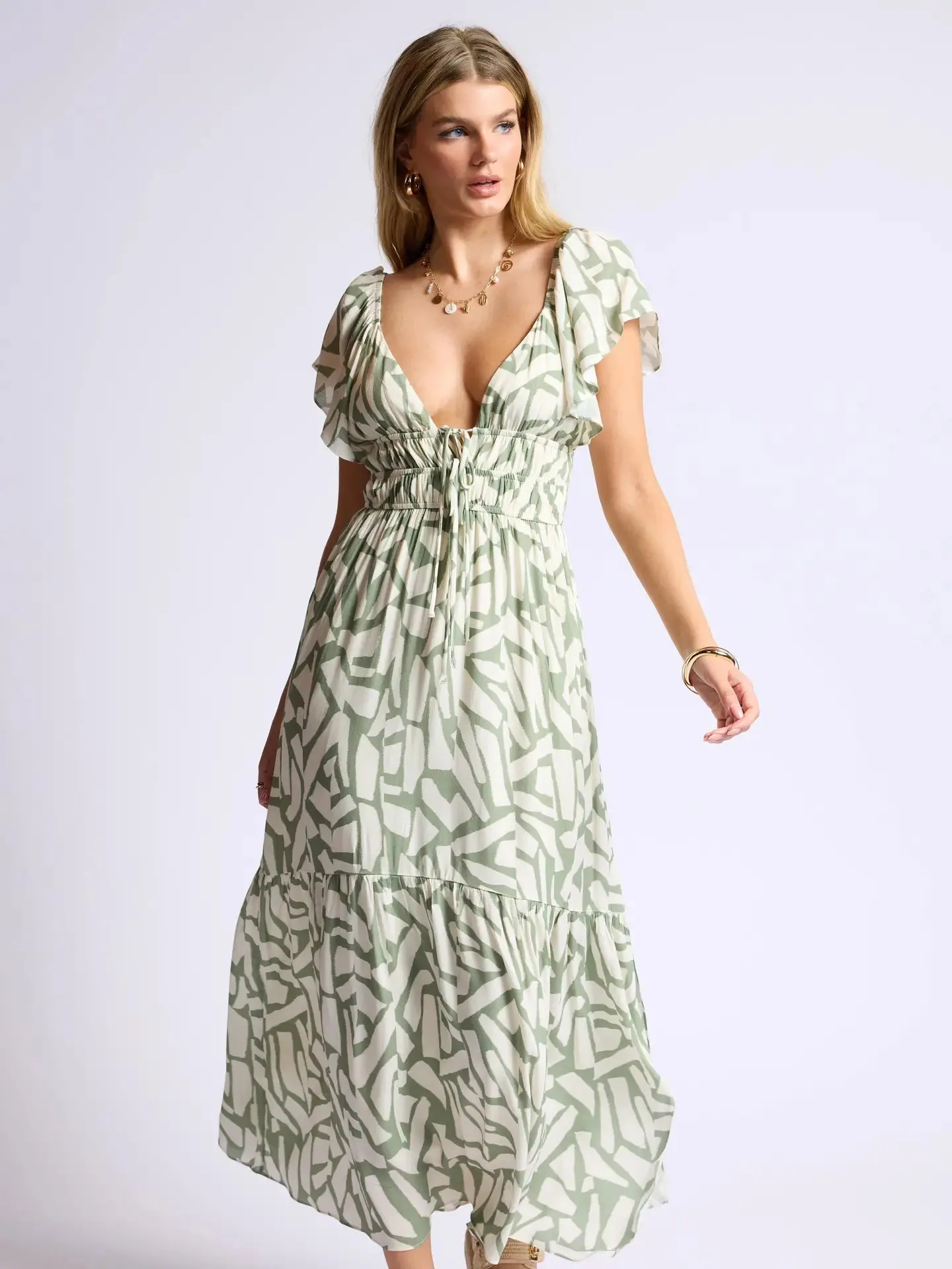 Al Fresco Ruffle Sleeve Ruched Maxi Dress