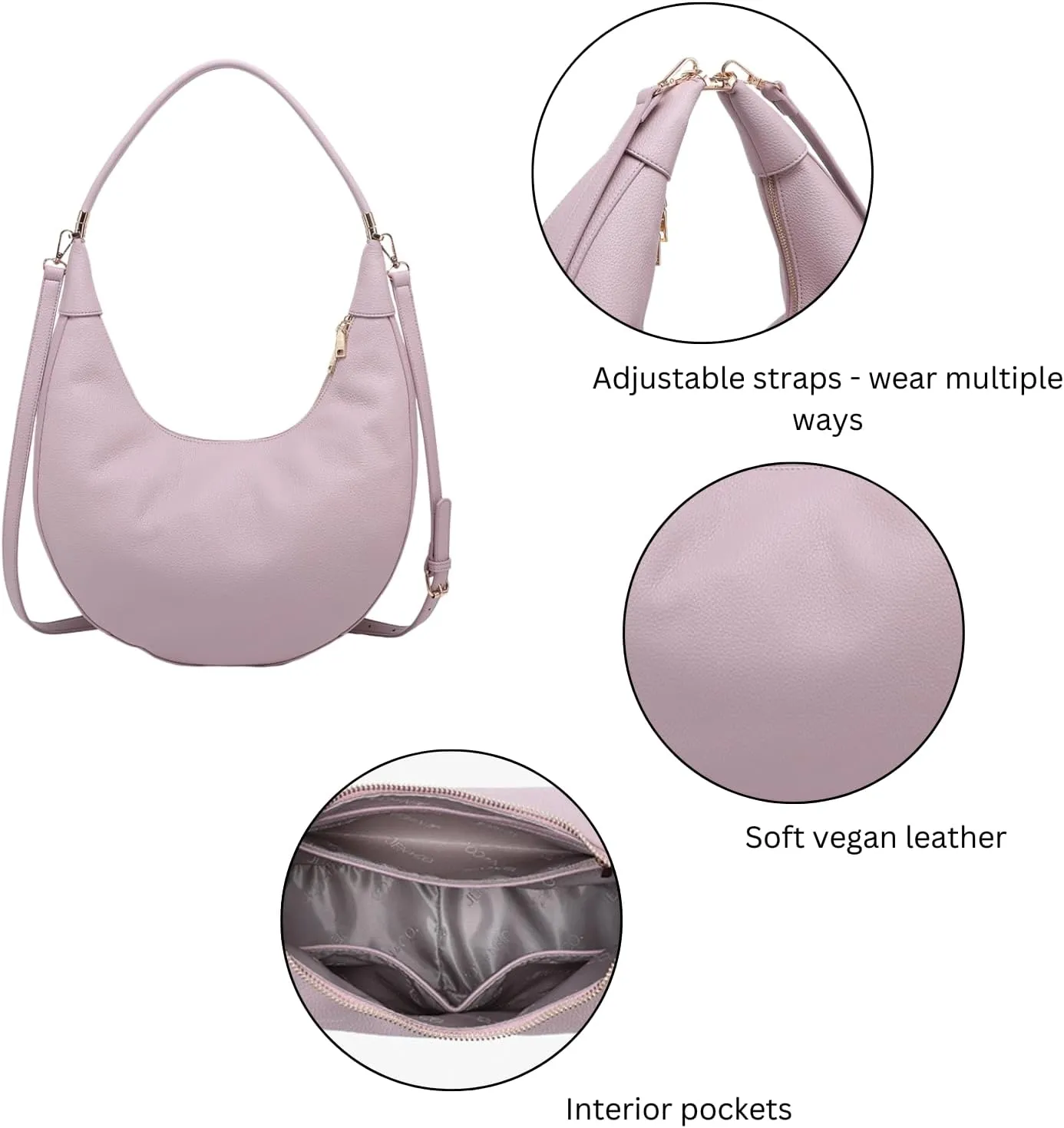 Alex Crescent Crossbody Bag for Women Vegan Leather Shoulder Purse Ladies Hobo Handbag with 2 Straps