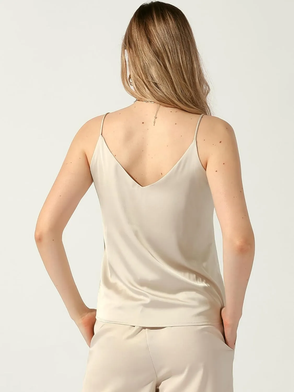 Allegra K Women's Silk Satin Tank Tops V Neck Camisole Spaghetti Strap Top Summer Caimi Blouse