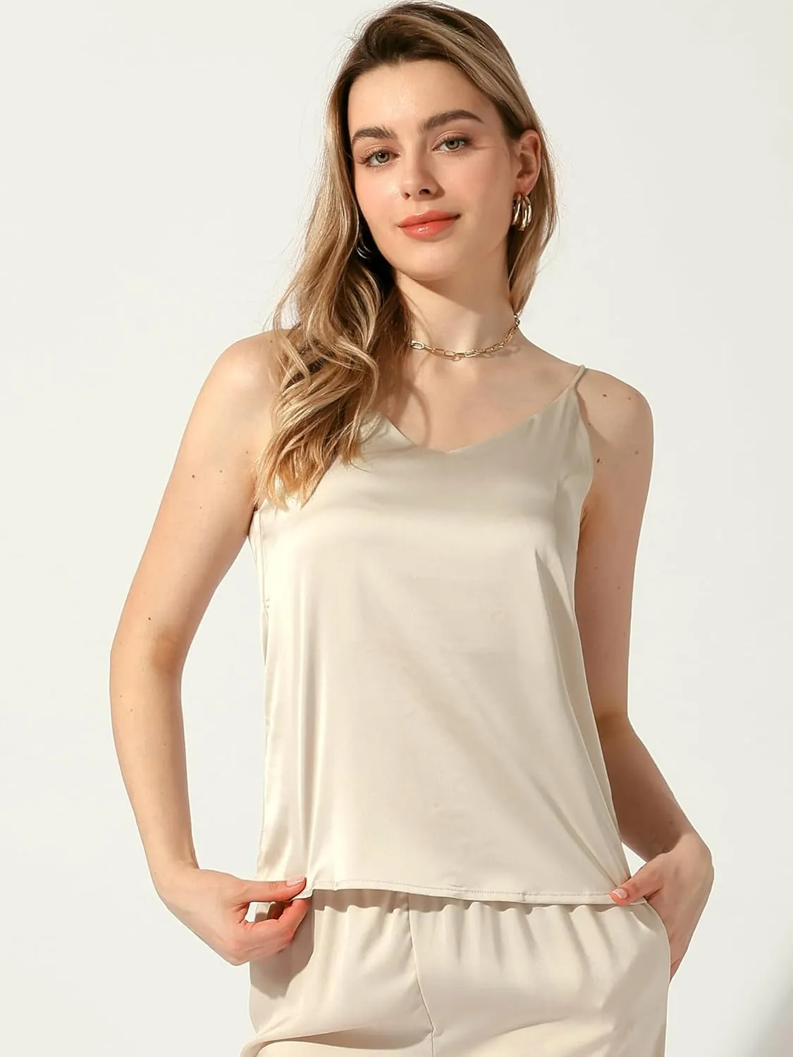 Allegra K Women's Silk Satin Tank Tops V Neck Camisole Spaghetti Strap Top Summer Caimi Blouse
