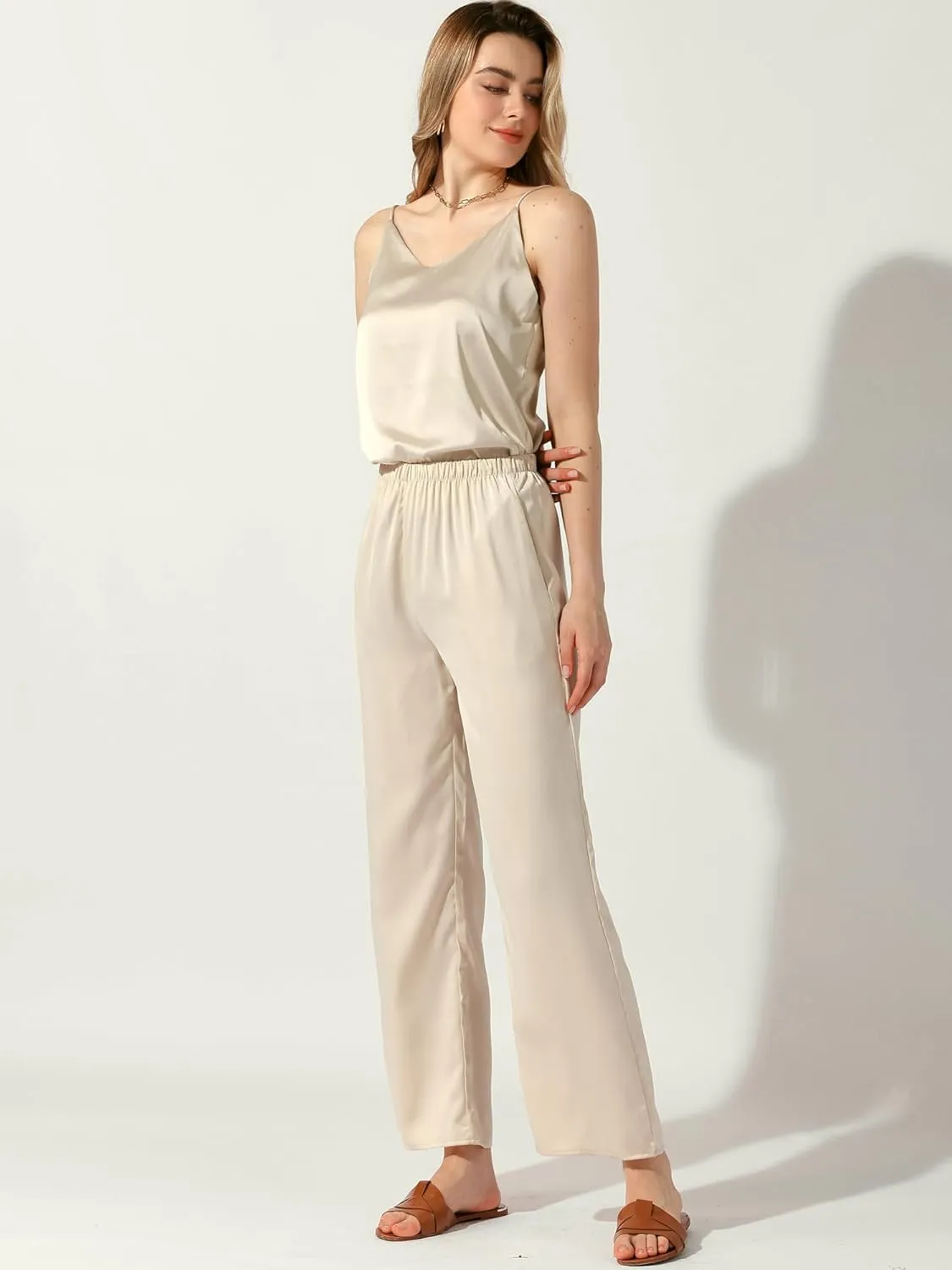 Allegra K Women's Silk Satin Tank Tops V Neck Camisole Spaghetti Strap Top Summer Caimi Blouse