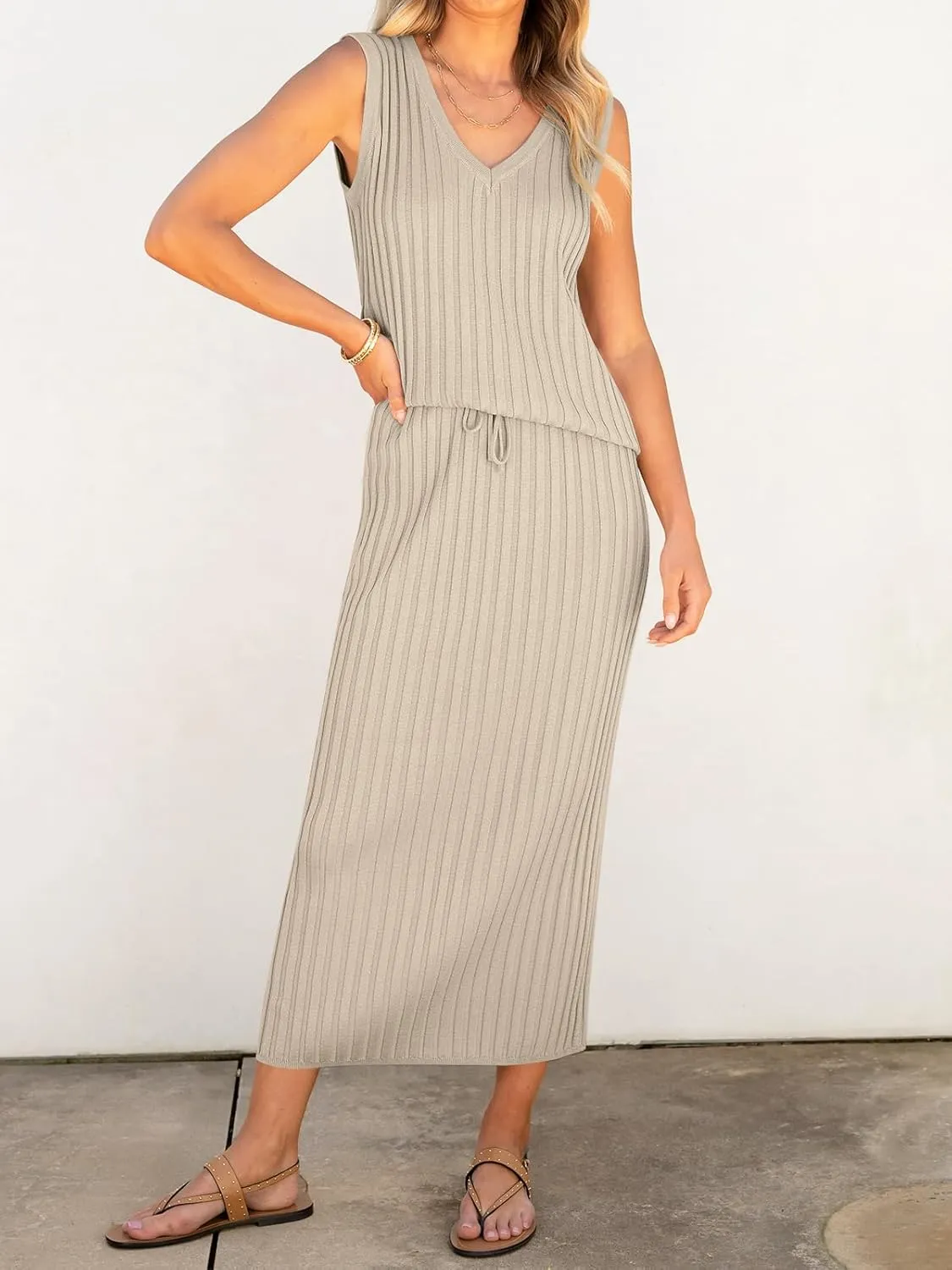 ANRABESS 2 Piece Sweater Skirt Sets for Women Sleeveless V Neck Ribbed Vest Tops Knits Casual Midi Dresses 2025 Summer Outfit