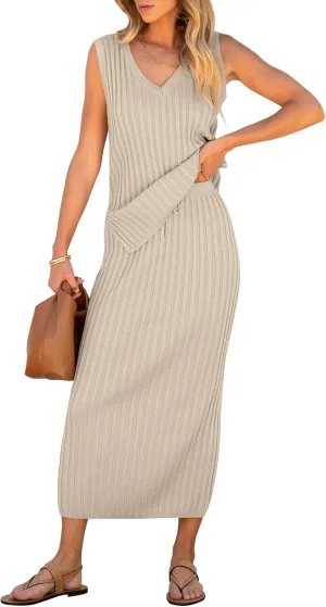 ANRABESS 2 Piece Sweater Skirt Sets for Women Sleeveless V Neck Ribbed Vest Tops Knits Casual Midi Dresses 2025 Summer Outfit