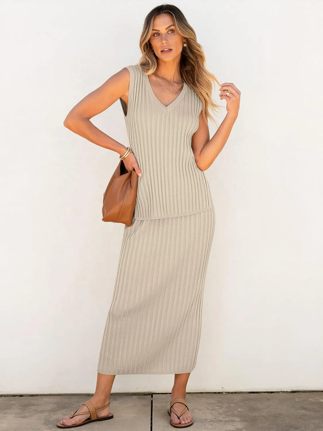ANRABESS 2 Piece Sweater Skirt Sets for Women Sleeveless V Neck Ribbed Vest Tops Knits Casual Midi Dresses 2025 Summer Outfit