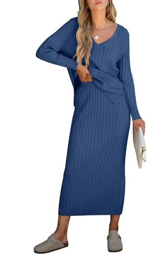 ANRABESS Women's 2 Piece Outfits Sweater Skirt Sets Casual Long Sleeve V Neck Ribbed Knit Tops Midi Dress 2024 Fall Fashion