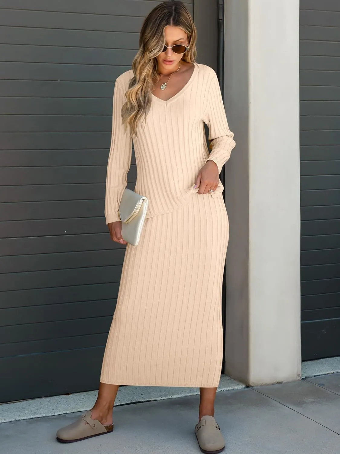 ANRABESS Women's 2 Piece Outfits Sweater Skirt Sets Casual Long Sleeve V Neck Ribbed Knit Tops Midi Dress 2024 Fall Fashion