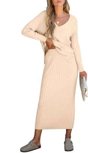 ANRABESS Women's 2 Piece Outfits Sweater Skirt Sets Casual Long Sleeve V Neck Ribbed Knit Tops Midi Dress 2024 Fall Fashion