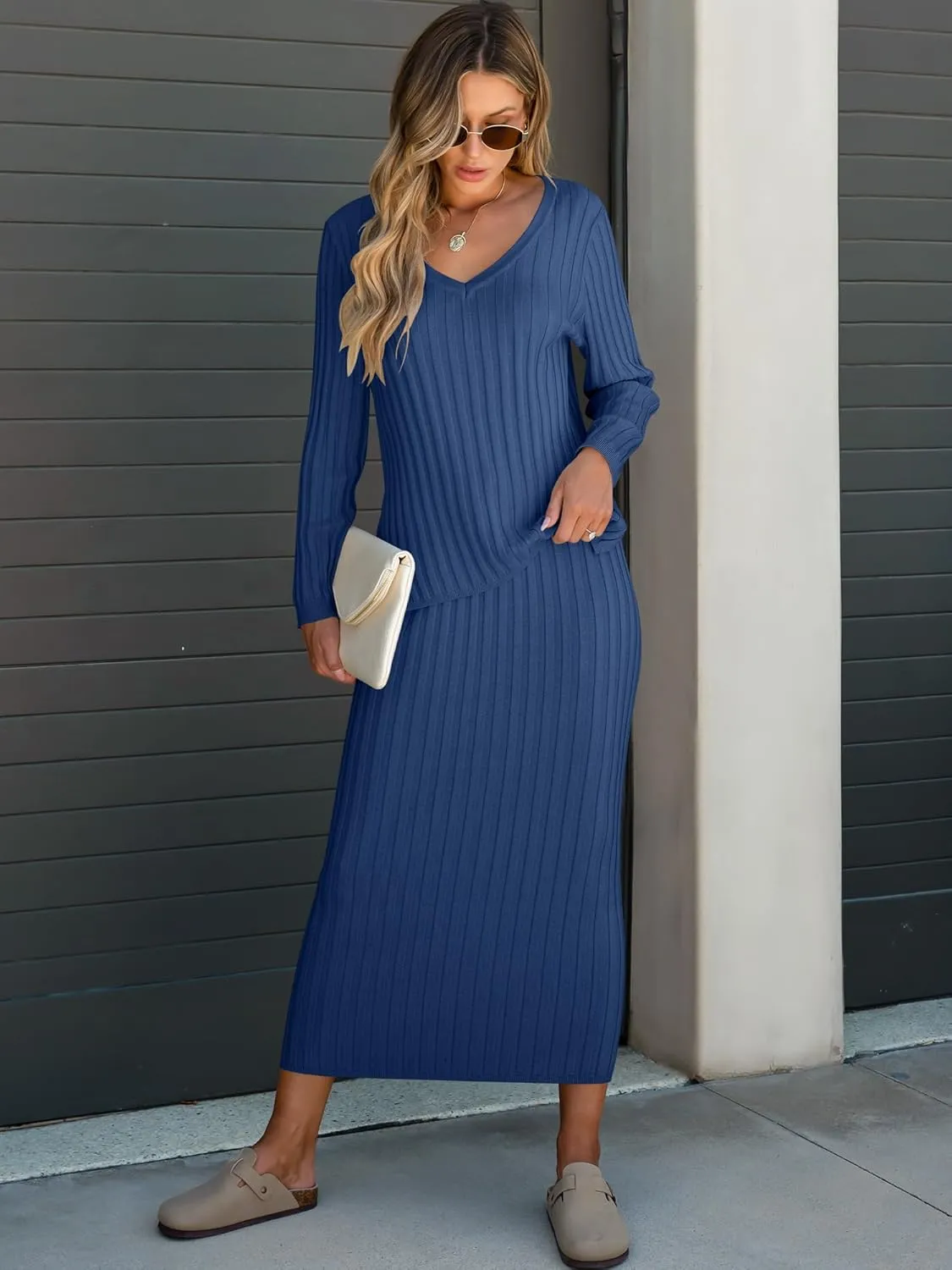 ANRABESS Women's 2 Piece Outfits Sweater Skirt Sets Casual Long Sleeve V Neck Ribbed Knit Tops Midi Dress 2024 Fall Fashion