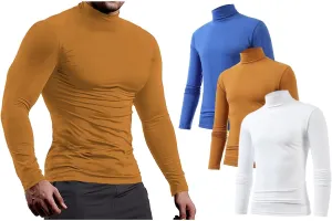 ANUFER Mens 3 Pack Long Sleeve Compression Shirts - Sports Running Base Layer Tops - Thermal Mock Neck Undershirts