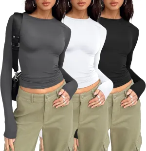 AUTOMET Womens Long Sleeve Shirt Basic Crop Tops Fall Fashion Underscrubs Layer Slim Fit Winter Clothes