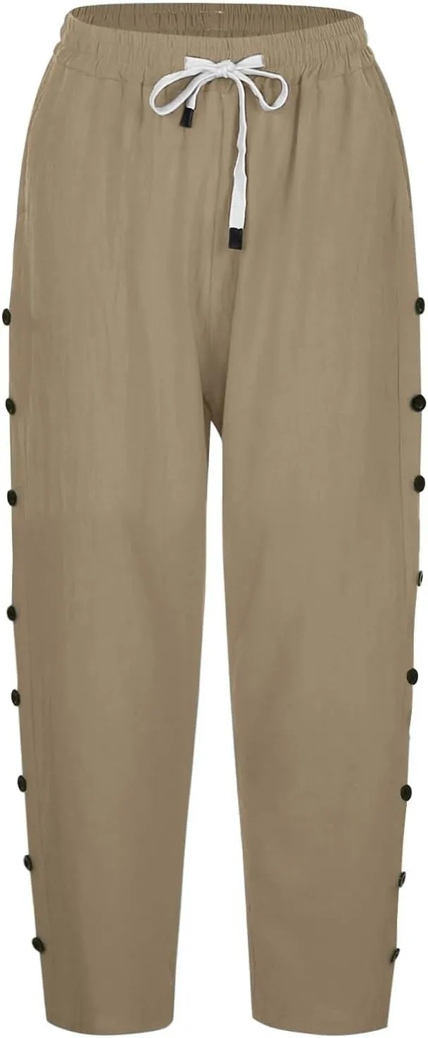 Baggy Linen Pants Women Drawstring High Waisted Linen Pant 2025 Summer Vacation Palazzo Slacks Cotton Long Trousers