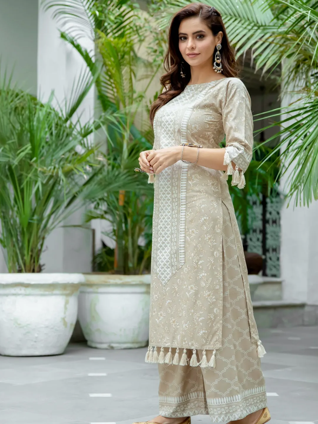 Beige Tassel Detailed Kurta Palazzo Set
