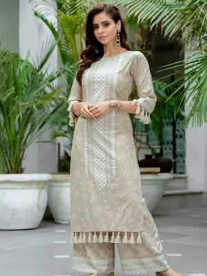 Beige Tassel Detailed Kurta Palazzo Set