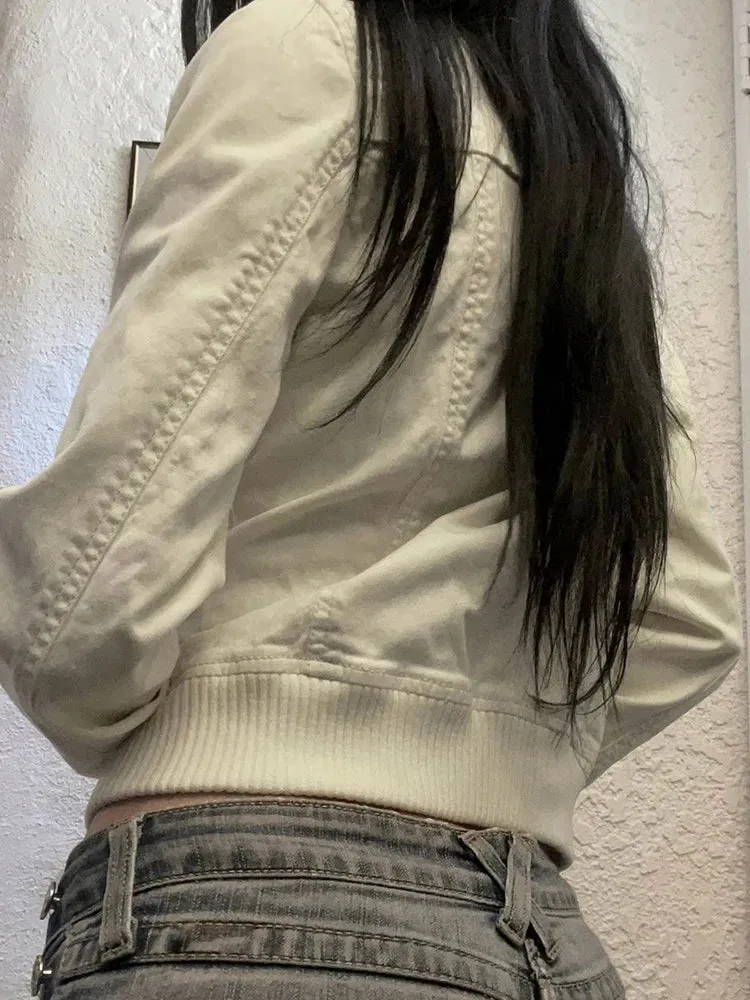 binfenxie Vintage Cropped Jackets for Women Harajuku Casual Slim Fit Zipper Coat Y2K Streetwear Long Sleeve Outerwear Autumn