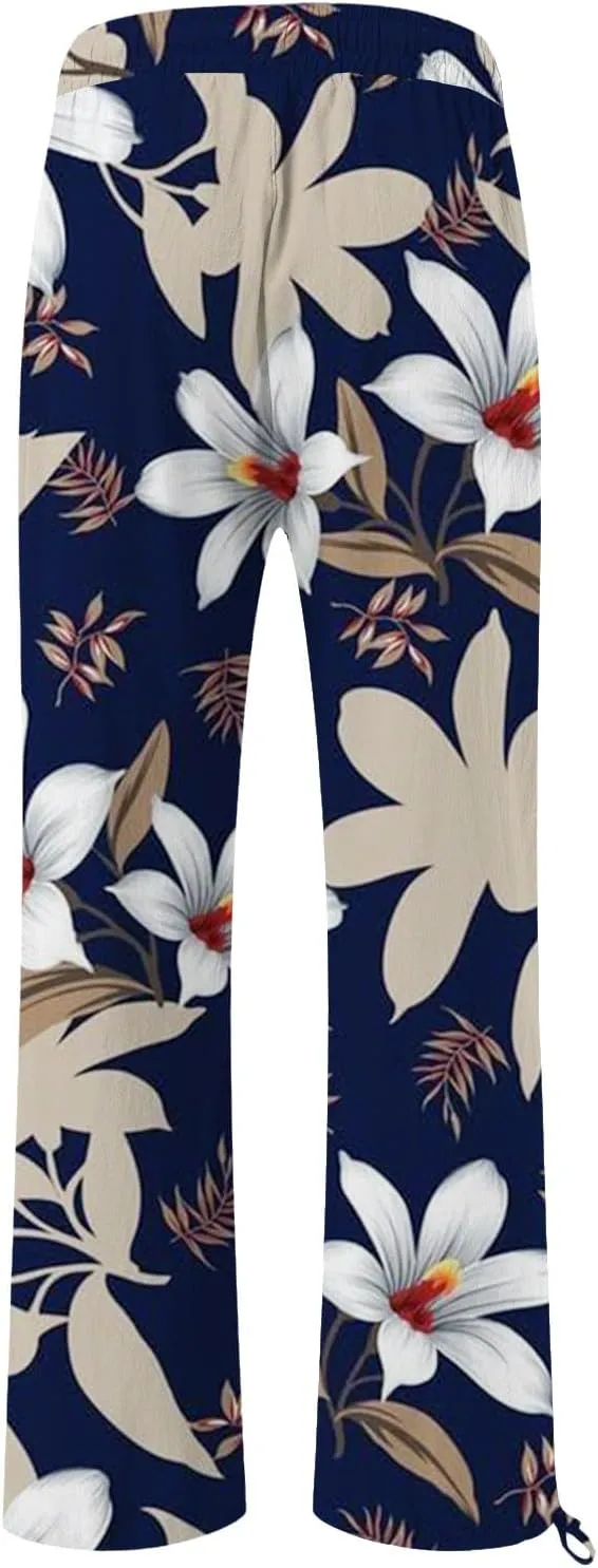 Boho Pants for Women Floral Print Cotton Linen Pant Elastic Waist Drawstring Summer Beach Baggy Trousers with Pocket