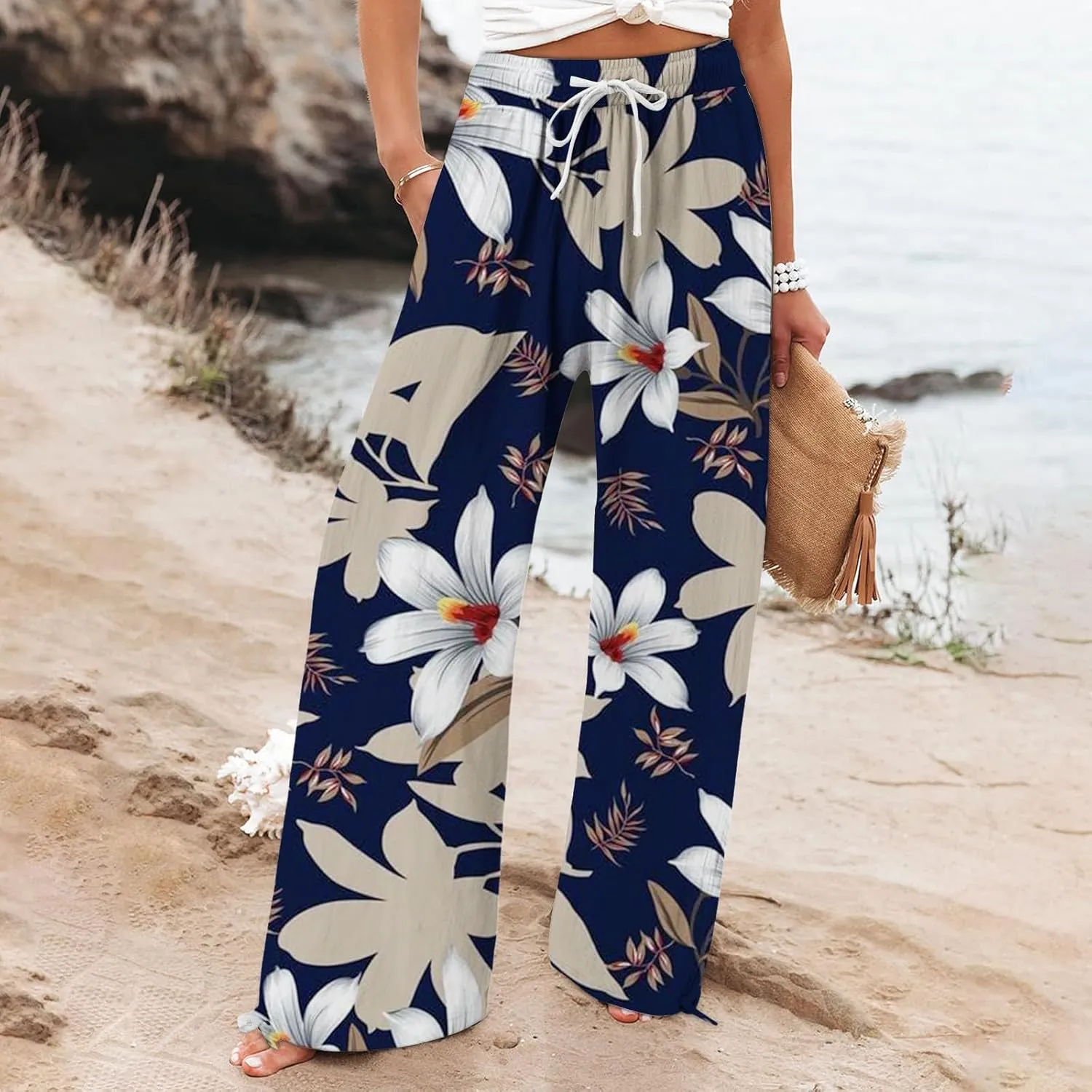 Boho Pants for Women Floral Print Cotton Linen Pant Elastic Waist Drawstring Summer Beach Baggy Trousers with Pocket
