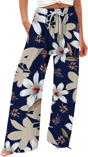 Boho Pants for Women Floral Print Cotton Linen Pant Elastic Waist Drawstring Summer Beach Baggy Trousers with Pocket