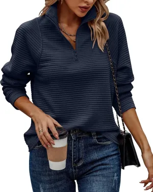 BTFBM Womens 2024 Fall Fashion Quarter Zip Sweatshirts Half Zip Casual Long Sleeve Solid Color V Neck Pullover Tops