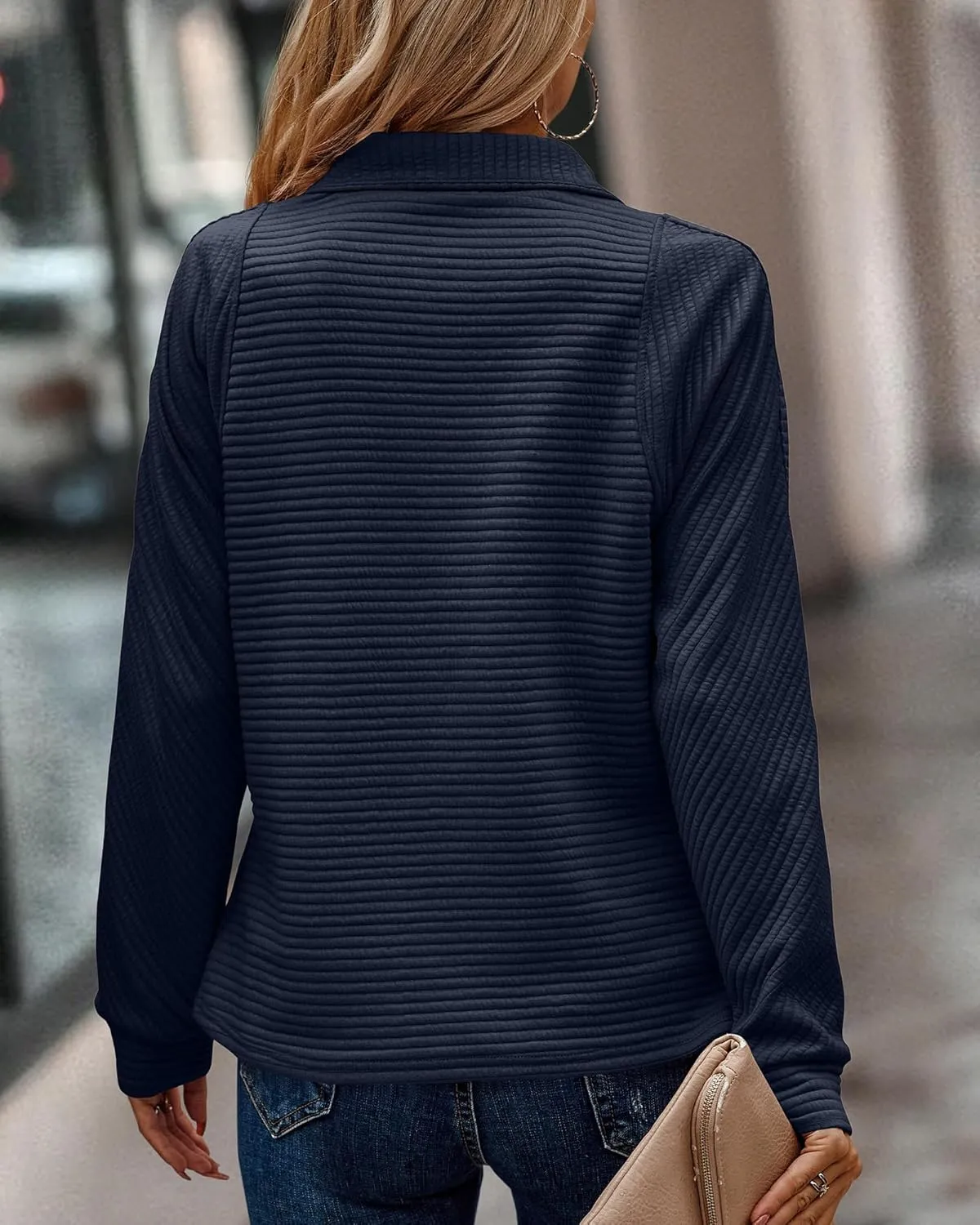 BTFBM Womens 2024 Fall Fashion Quarter Zip Sweatshirts Half Zip Casual Long Sleeve Solid Color V Neck Pullover Tops