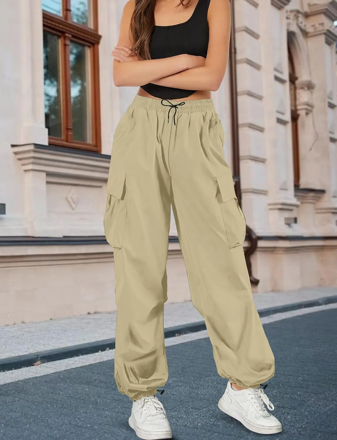 Buauty Womens Cargo Pants, Black Baggy Parachute Pants with Pockets Trendy Cargo Sweatpants Joggers for Women, Y2k Pants