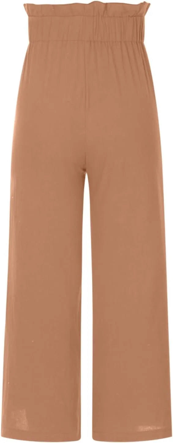 BZGTZT Linen Pants for Women Wide Leg Casual Summer Elastic High Waisted Palazzo Pant Baggy Flowy Beach Trousers with Pocket
