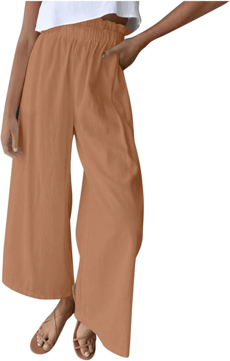 BZGTZT Linen Pants for Women Wide Leg Casual Summer Elastic High Waisted Palazzo Pant Baggy Flowy Beach Trousers with Pocket