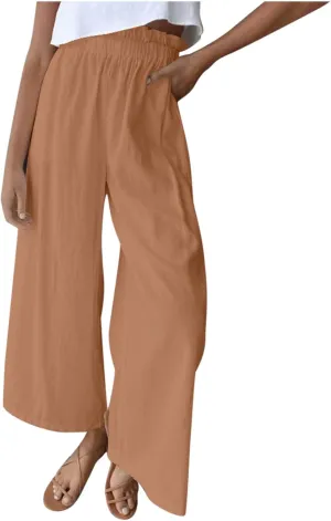 BZGTZT Linen Pants for Women Wide Leg Casual Summer Elastic High Waisted Palazzo Pant Baggy Flowy Beach Trousers with Pocket