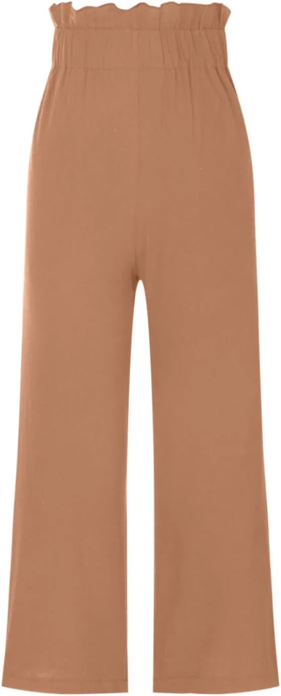 BZGTZT Linen Pants for Women Wide Leg Casual Summer Elastic High Waisted Palazzo Pant Baggy Flowy Beach Trousers with Pocket