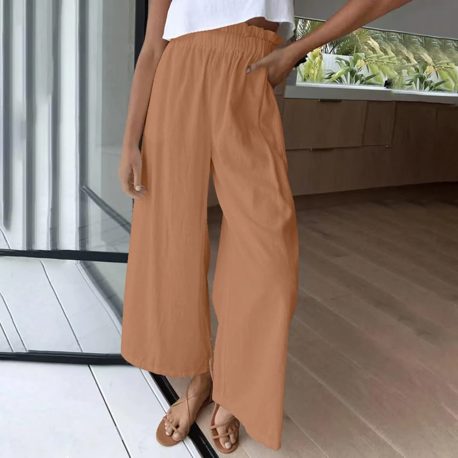 BZGTZT Linen Pants for Women Wide Leg Casual Summer Elastic High Waisted Palazzo Pant Baggy Flowy Beach Trousers with Pocket