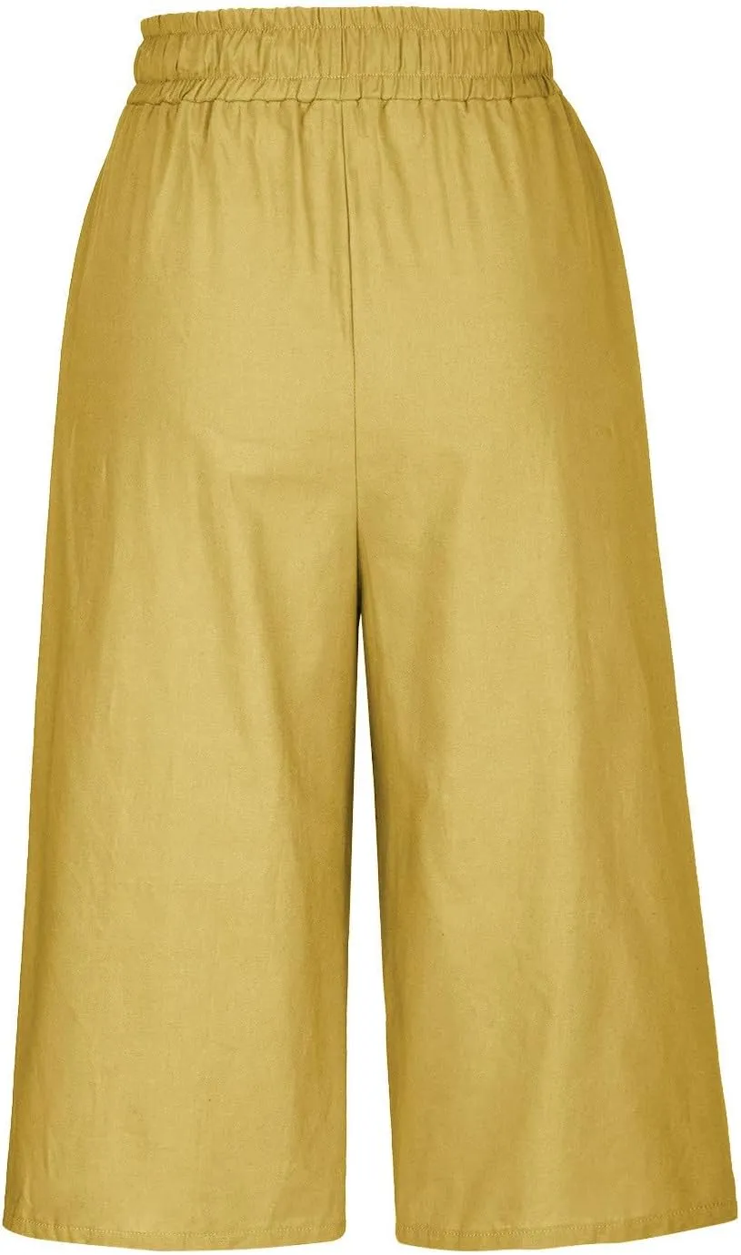 Capri Linen Pants Women Wide Leg Casual Summer Palazzo Pant Drawstring Elastic Waist Lounge Beach Trouser with Pocket