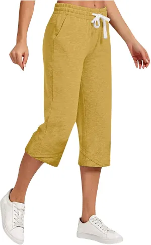 Capri Linen Pants Women Wide Leg Casual Summer Palazzo Pant Drawstring Elastic Waist Lounge Beach Trouser with Pocket