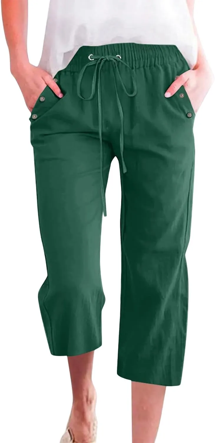 Capri Pants for Women 2025 Summer - Cotton Linen Wide Leg Cropped Trouser, Elastic Waist & Drawstring