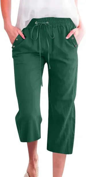Capri Pants for Women 2025 Summer - Cotton Linen Wide Leg Cropped Trouser, Elastic Waist & Drawstring