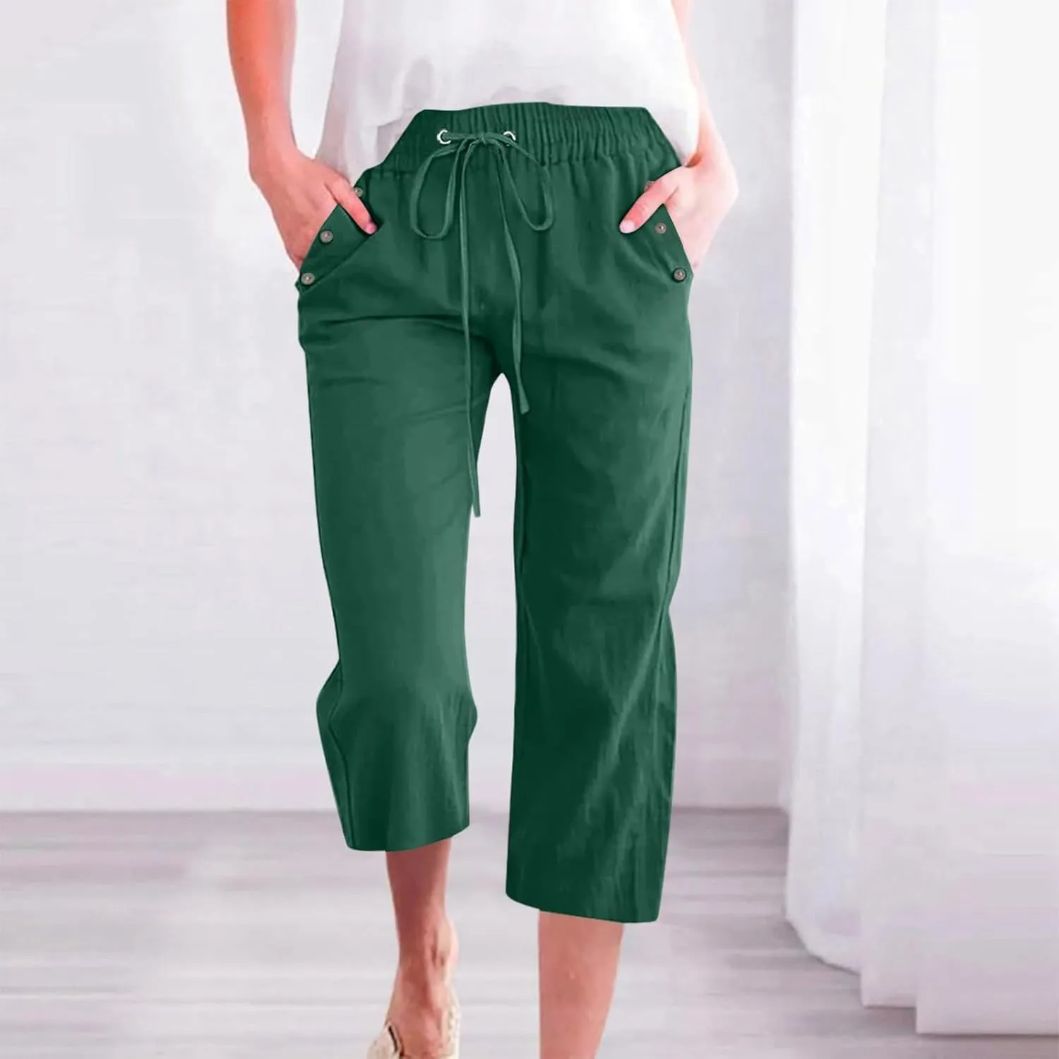 Capri Pants for Women 2025 Summer - Cotton Linen Wide Leg Cropped Trouser, Elastic Waist & Drawstring