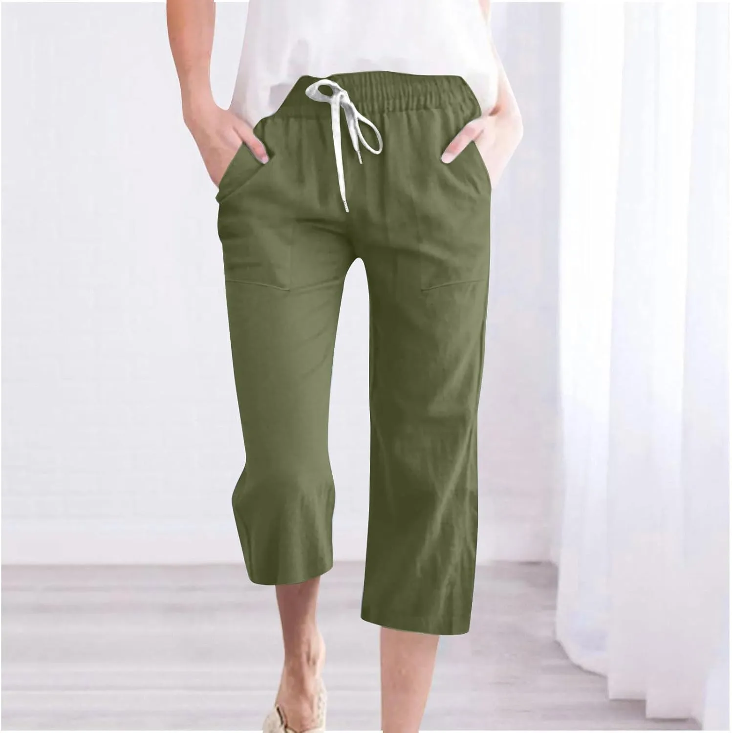 Capri Pants for Women Casual 2024 Summer Drawstring Elastic High Waist Linen Pant Straight Wide Leg Cropped Trouser