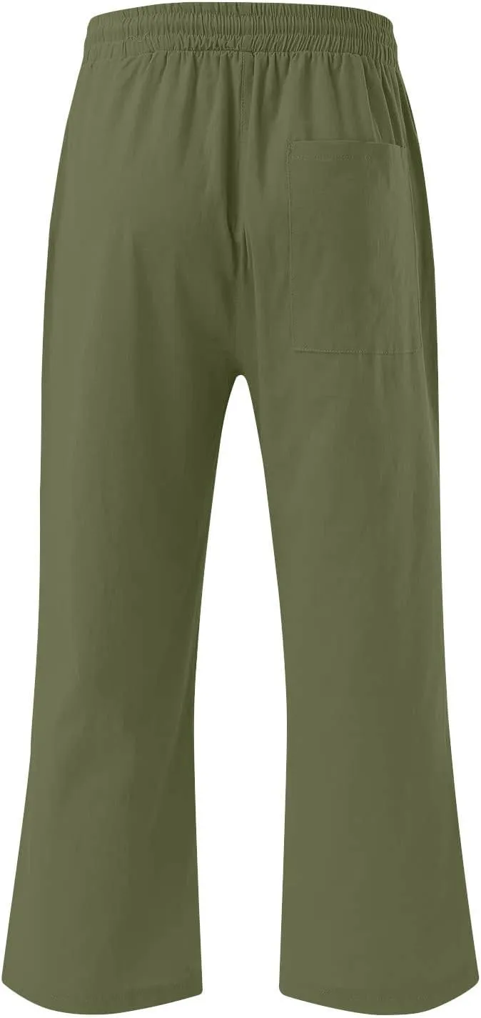Capri Pants for Women Casual 2024 Summer Drawstring Elastic High Waist Linen Pant Straight Wide Leg Cropped Trouser