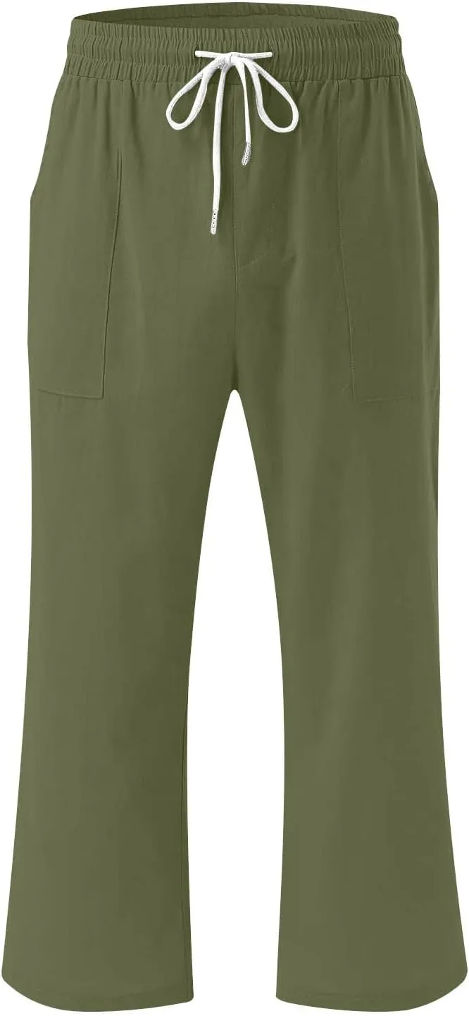 Capri Pants for Women Casual 2024 Summer Drawstring Elastic High Waist Linen Pant Straight Wide Leg Cropped Trouser