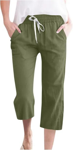 Capri Pants for Women Casual 2024 Summer Drawstring Elastic High Waist Linen Pant Straight Wide Leg Cropped Trouser