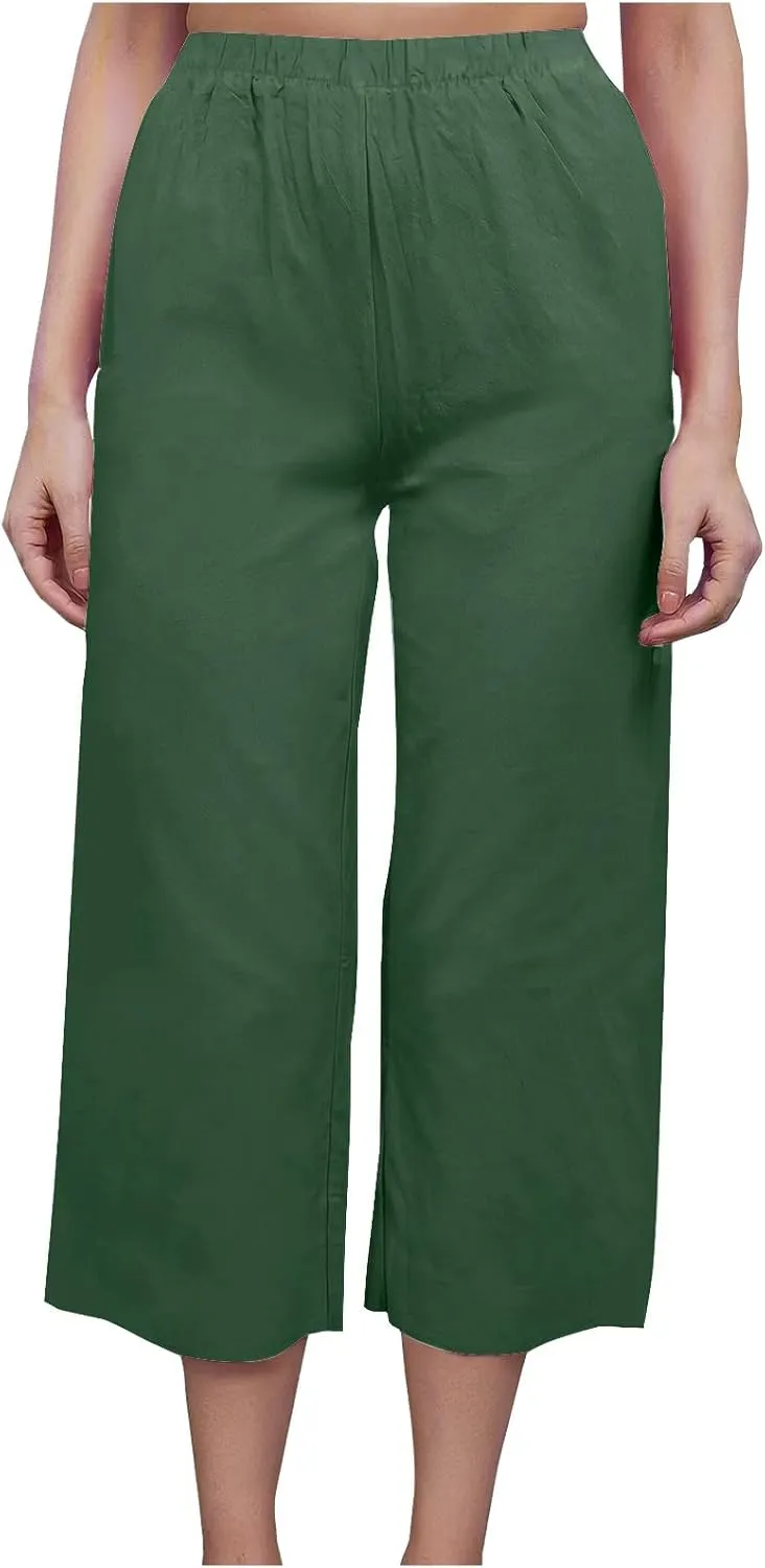 Capri Pants for Women Casual Elastic High Waist Beach Cropped Pants Loose Trousers Summer Outfits for Women
