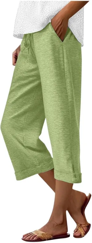 Capri Pants for Women Cotton Casual Summer Workout Beach Capris Drawstring High Waist Wide Leg Cropped Trousers